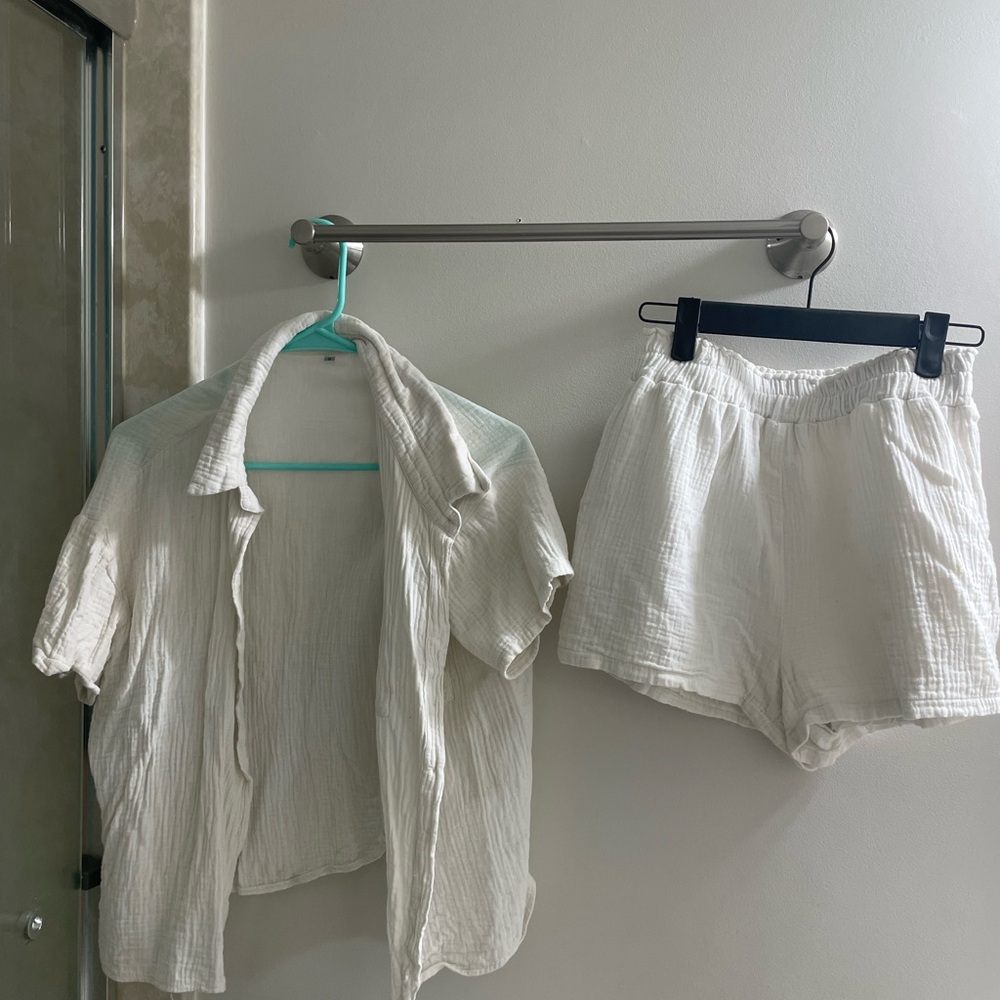 White Button-Up Shirt and Shorts Set
